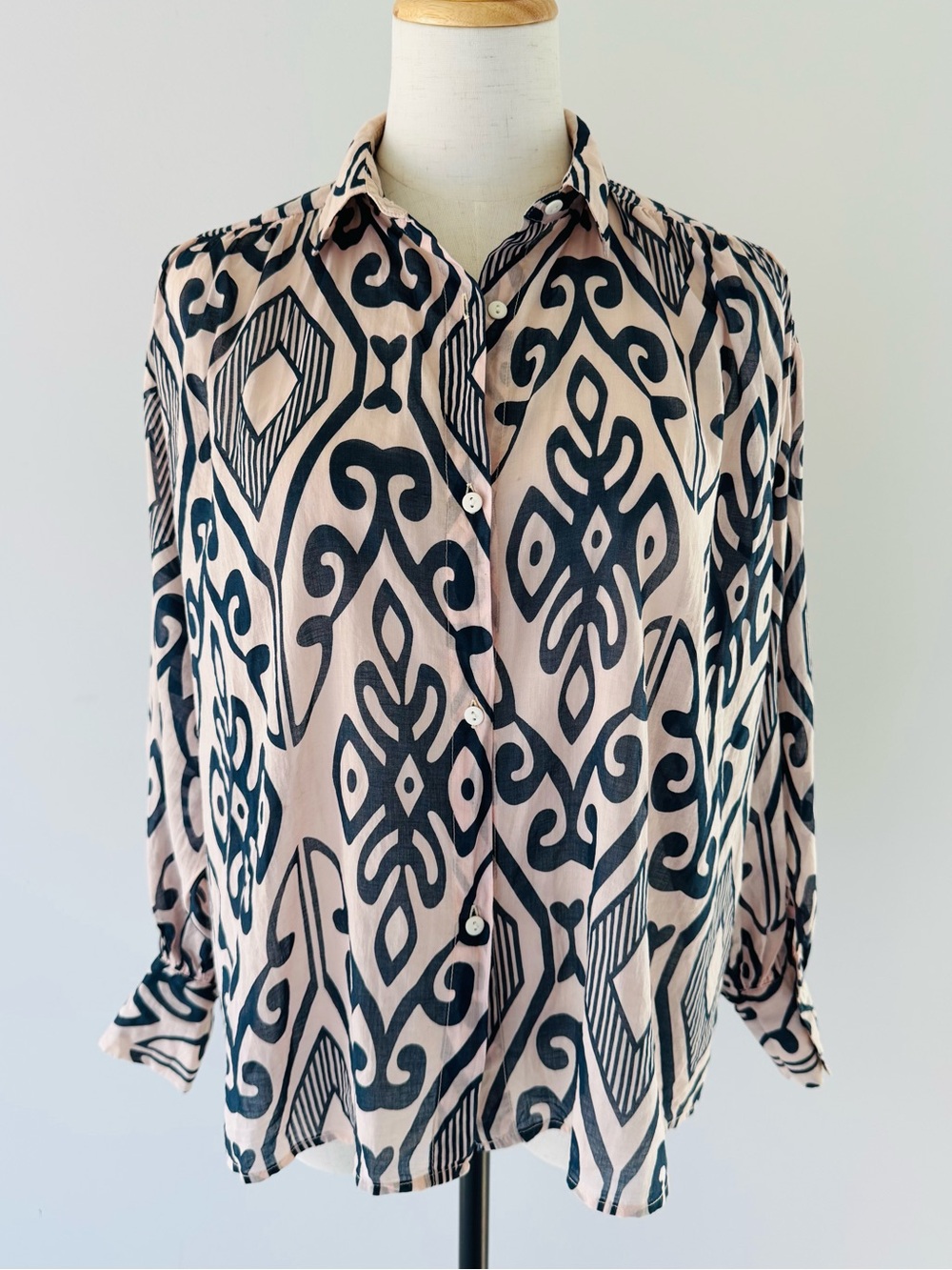 NIU Sheer Cotton Button Down Blouse Ikat Print Black Cream Size Small